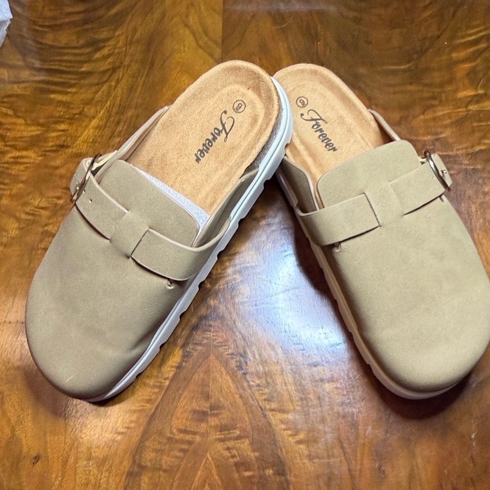 Beige Clogs with Buckle Detail - Size 9 - NWOT